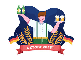 Illustration celebrating Oktoberfest with a Man Holding Beer With Tray and happy.
People in traditional German Bavarian costume holding beer.