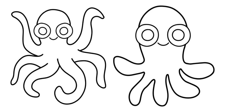 Two hand-drawn cartoon octopuses linear vector illustration. Sea mood coloring page with cute octopods printable page. Black outline isolated on white two little octopuses
