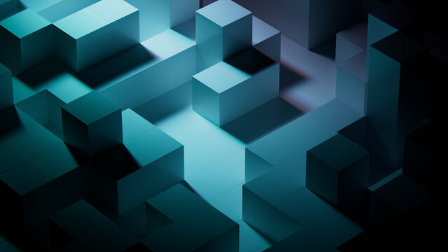 Precisely Arranged Glossy Cubes. Turquoise and Violet, Modern Tech Wallpaper. 3D Render.