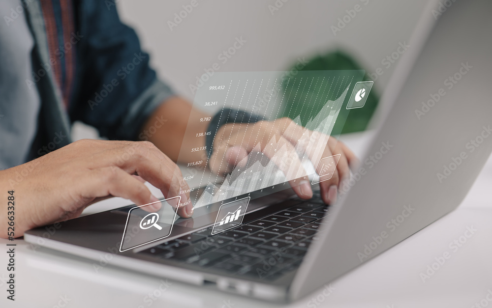 Aufkleber Business intelligence and big data analytics concepts. Financial graphs are displayed on a virtual screen.