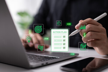 the concept of an action strategy. A checklist is held by a businessperson. managing your time.