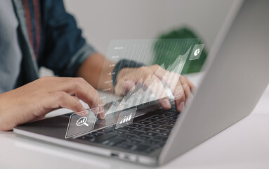 Business intelligence and big data analytics concepts. Financial graphs are displayed on a virtual...