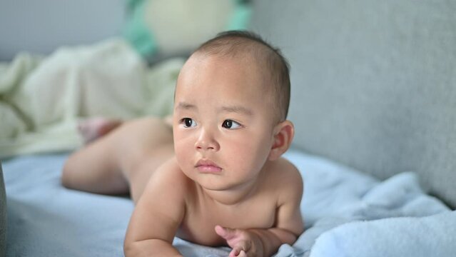 Baby Asian on bed room at home, Infant boy Asia family  