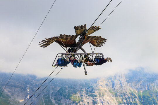 Grindelwald First peak activity - First Glider, Switzerland. Flying with a bird of prey, tourist attraction