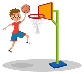 A boy is playing basketball.A young athlete throws a ball into a basketball basket.