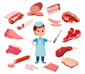 Boy and meat products.Meat products on the counter and a young seller.Vector illustration.