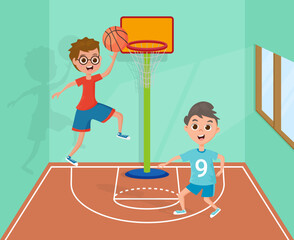 Kids playing basketball.Young athletes play basketball in the gym.Vector illustration.
