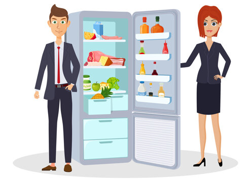 A Man And A Woman Are Standing Near The Refrigerator With Food.An Open Refrigerator With Food And Drinks.Vector Illustration.