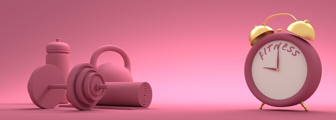 Gym training and home exercising and fitness equipment. Dumbbells, bob, yoga mat and bottle. Tools for healthy lifestyle and wellbeing. Alarm clock. 3D render