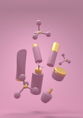 Set of containers for cosmetology products and geometry shapes. Abstract molecule model. Levitation of a group of objects. 3D render