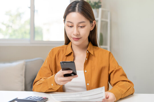 Convenience Online Internet Banking, Asian Young Woman Hand In Payment Bill, Spending By Scan Qr Code, Use Phone, Mobile To Transfer Or Pay Money Of Credit Card Without Cash. Technology Of Financial.