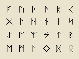 Rune alphabet. Complete collection of Rune alphabet, futhark. Writing ancient Germans. Vector Mystical symbols. 
Esoteric, occult, magic illustration for Tattoos.
