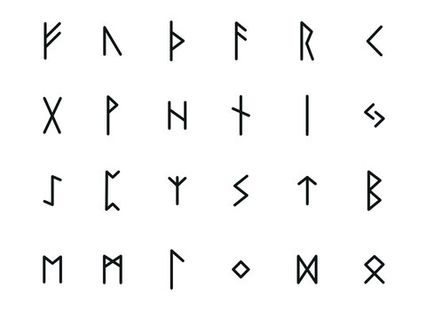 Rune alphabet. Complete collection of Rune alphabet, futhark. Writing ancient Germans. Vector Mystical symbols. 
Esoteric, occult, magic illustration for Tattoos.
