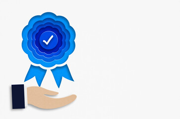 3D illustration of blue ribbon over business man's hand including copy space or guarantee product and ISO service concept