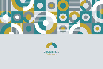 Abstract flat geometric background, template design with the simple shape of circles, squares, and line art. Landing page design. Vector Illustration.
