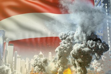 large smoke pillar with fire in abstract city - concept of industrial disaster or act of terror on Austria flag background, industrial 3D illustration