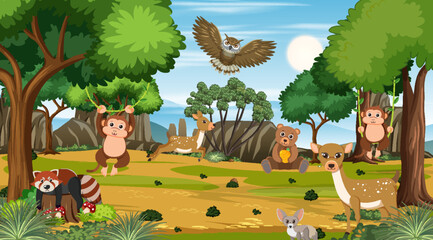 Wild animals in the forest scene