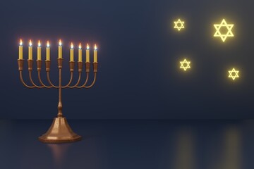 Hanukkah jewish holiday menorah copper traditional candelabra and shiny six pointed star dark background 3d illustration