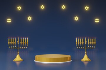 Hanukkah jewish holiday menorah gold traditional candelabra blue podium and shiny six pointed star navy blue background 3d illustration