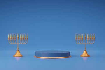 Hanukkah jewish holiday menorah gold traditional candelabra blue podium background 3d illustration