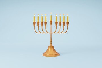Hanukkah jewish holiday menorah gold traditional candelabra light blue background 3d illustration