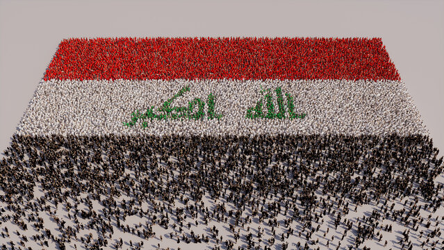 Aerial view of a Crowd of People, congregating to form the Flag of Iraq. Iraqi Banner on White Background.