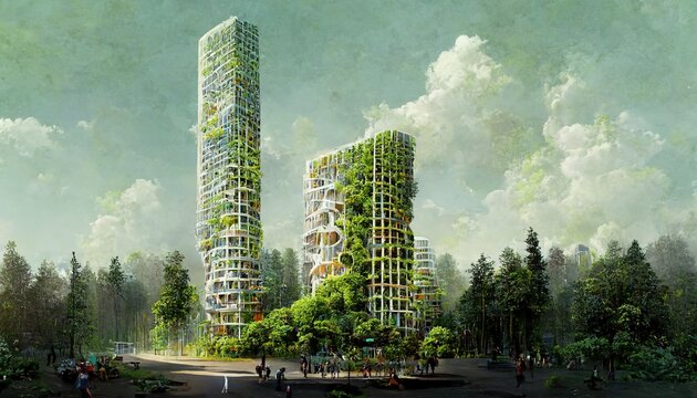 Spectacular eco futuristic cityscape abundant in vegetation features city buildings and green park, forest. Green garden in modern city and society. Digital art 3D illustration. Grey and livid tone.