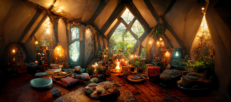 Spectacular picture of interior of a fantasy medieval cottage, full with plants furniture and enchanted light. Digital art 3D illustration.