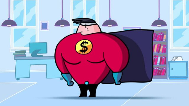 Super hero dollar version. Cartoon businessman transforming to isolated superhero on office background. Office employee becomes a strong character. He feels the power. He knows how to make money. 