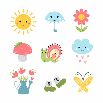 Set summer sticker for girl. Cute children character. Easter illustration. Design of nursery.