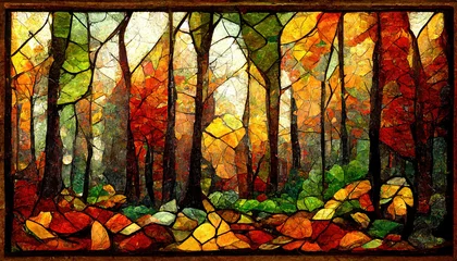 Fotobehang Spectacular autumn season abstract pattern in mosaic glass background features with yellow forest landscape and sky. Digital art 3D illustration. © Summit Art Creations