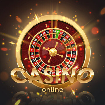 Golden logo casino online, roulette wheel with wood desk and cells, gold dices on black background with golden light, rays, glare, sparkles. Vector illustration for casino, game design, advertising.