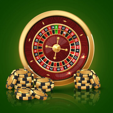 Stack of black with gold poker chips, tokens with golden casino roulette wheel on green background with reflection. Vector illustration for casino, game design, advertising.