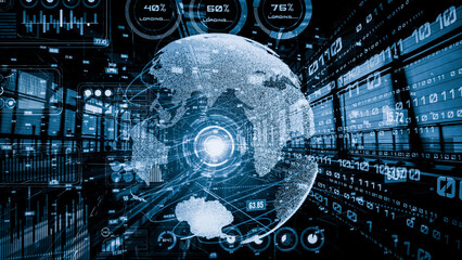 Futuristic global network and tacit digital data transfer 3D graphic . Concept of smart digital transformation and technology disruption that changes global trends in new information era .