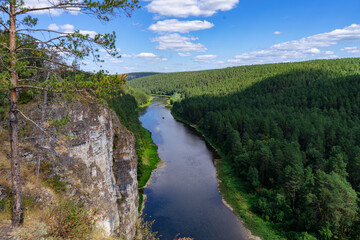 Fototapeta na wymiar Dry waterfalls. mountains and river view from above. Prytes river Ai. Satka city, Chelyabinsk region