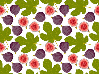 Seamless Fig pattern. Whole and half figs, leaf on white. Summer tropical fruit for healthy lifestyle. Repeated Vector Food template for menu, wallpaper, wrapping, packing, textile, scrapbooking