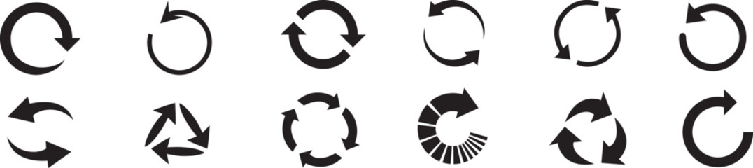 Arrow rotate icons set. Rotation black circle. Collection two cycle arrow. Modern flat simple arrows isolated. Reset signs. Arrows vector graphic elements.
