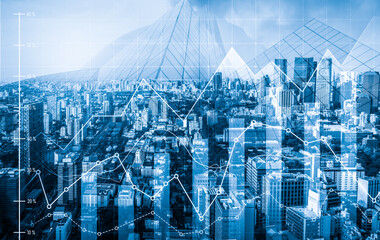 Financial graphs and digital indicators overlap with modernistic urban area, skyscrabber for stock market business concept. Double exposure.