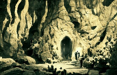 CG illustration depicting the entrance to a cave dug into a huge rock.