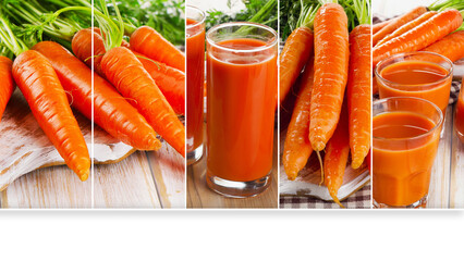 Collage made of carrot juice and organic raw carrot.