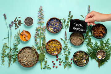 Alternative herbal medicine on green background.