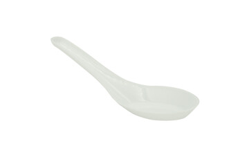 White spoon of soup on a white background.