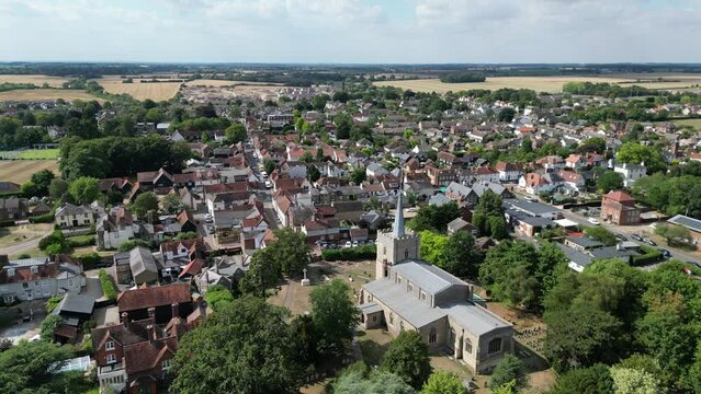 Sawbridgeworth town Hertfordshire UK aerial view over church