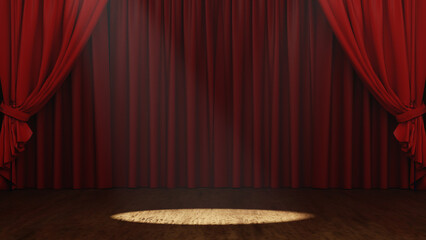 Fototapeta premium Empty Stage theater or opera with red curtain and Spotlight, 3D rendering.