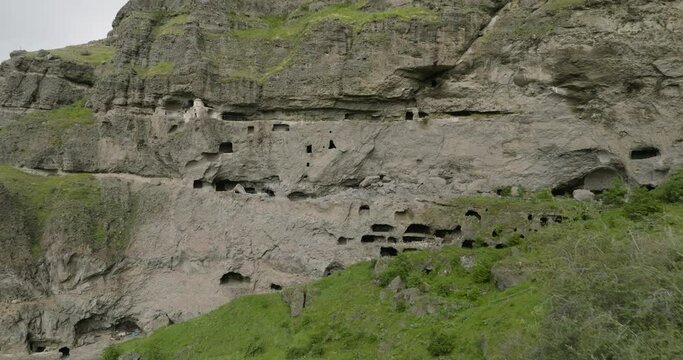 Historical Vani Caves In Samtskhe-Javakheti Region of Georgia Near Aspindza Town. Aerial Approaching
