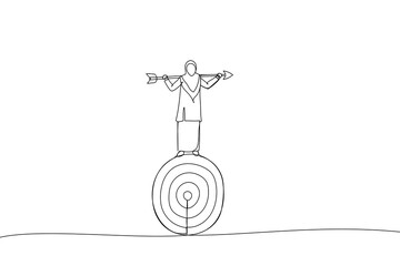 Illustration of smart muslim businesswoman balance and control rotating archery target with arrow hitting bullseye. Metaphor for result based oriented driven. One continuous line art style