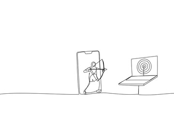 Cartoon of muslim businesswoman from mobile app aiming target and other computer laptop. Metaphor for remarketing or behavioral retargeting in digital advertising. Single continuous line art style