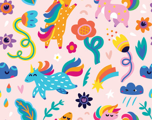 Festive seamless pattern with unicorns, flowers and clouds. Vector illustration