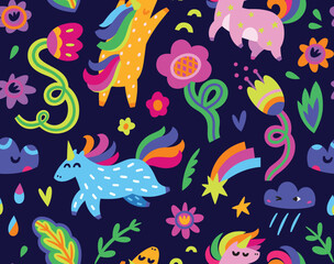 Seamless pattern with unicorns, flowers and clouds. Vector illustration