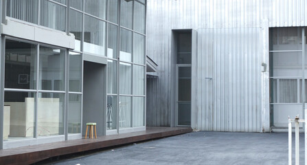 modern facade of a warehouse and store.